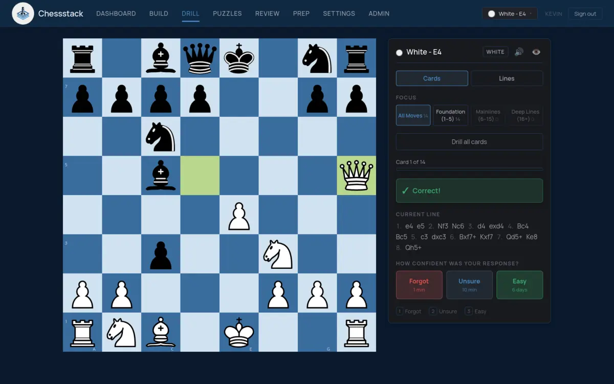 Chessstack spaced repetition drill session with confidence rating buttons