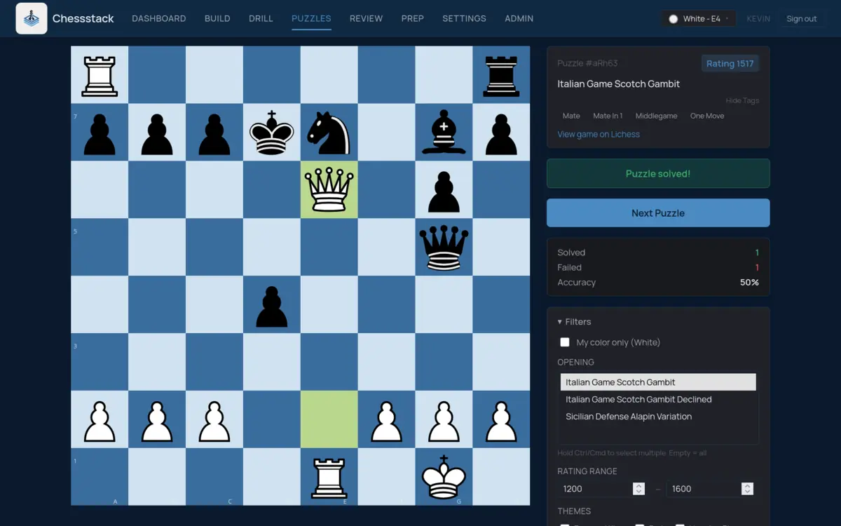 Chessstack tactics puzzles filtered by opening repertoire